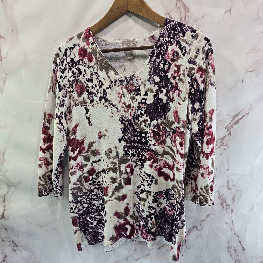 Chicos Sweater Womens Medium 1 White Red Purple Floral V Neck Lightweight